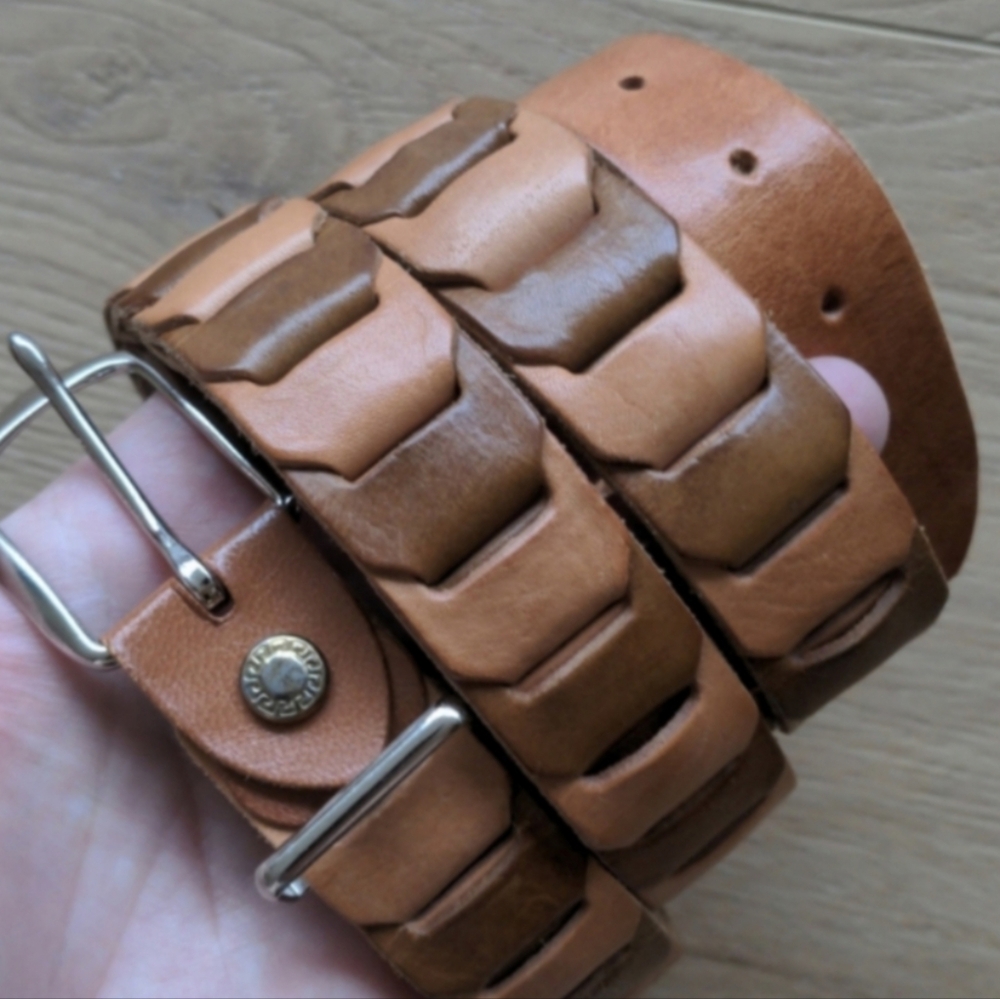Vintage Handmade Artisan Braided Belt, Two Tone Beige Genuine Leather